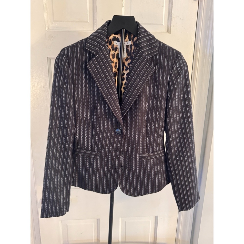 Cabi Women's Blazer Sz 2‎ Black White Pinstripe Chic Leopard Lining Jacket